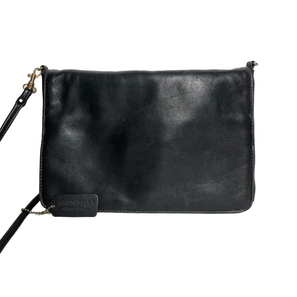 Vtg Y2K Black Leather Shoulder Bag‎ 2000s Cabin Creek Flap Purse SCRATCHED